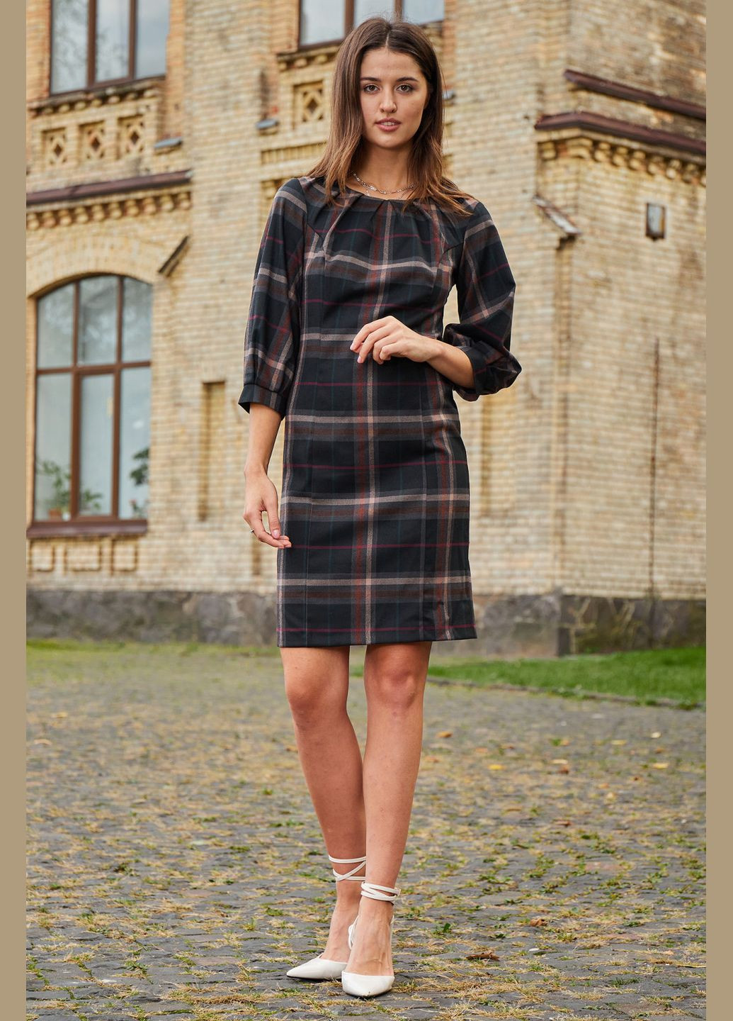 Коричневое повседневный платье в клетку с защипами и пышным рукавом (ll204268768) LadyLike
