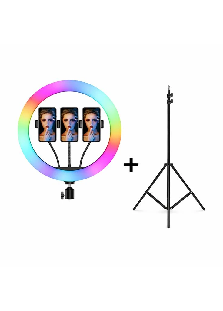 Різнокольорова кільцева RGB LED лампа діаметр 36 см 3 крпеления смартфона Studio Light + штатив 2м (SMJ-36) Ring Light (362961902)