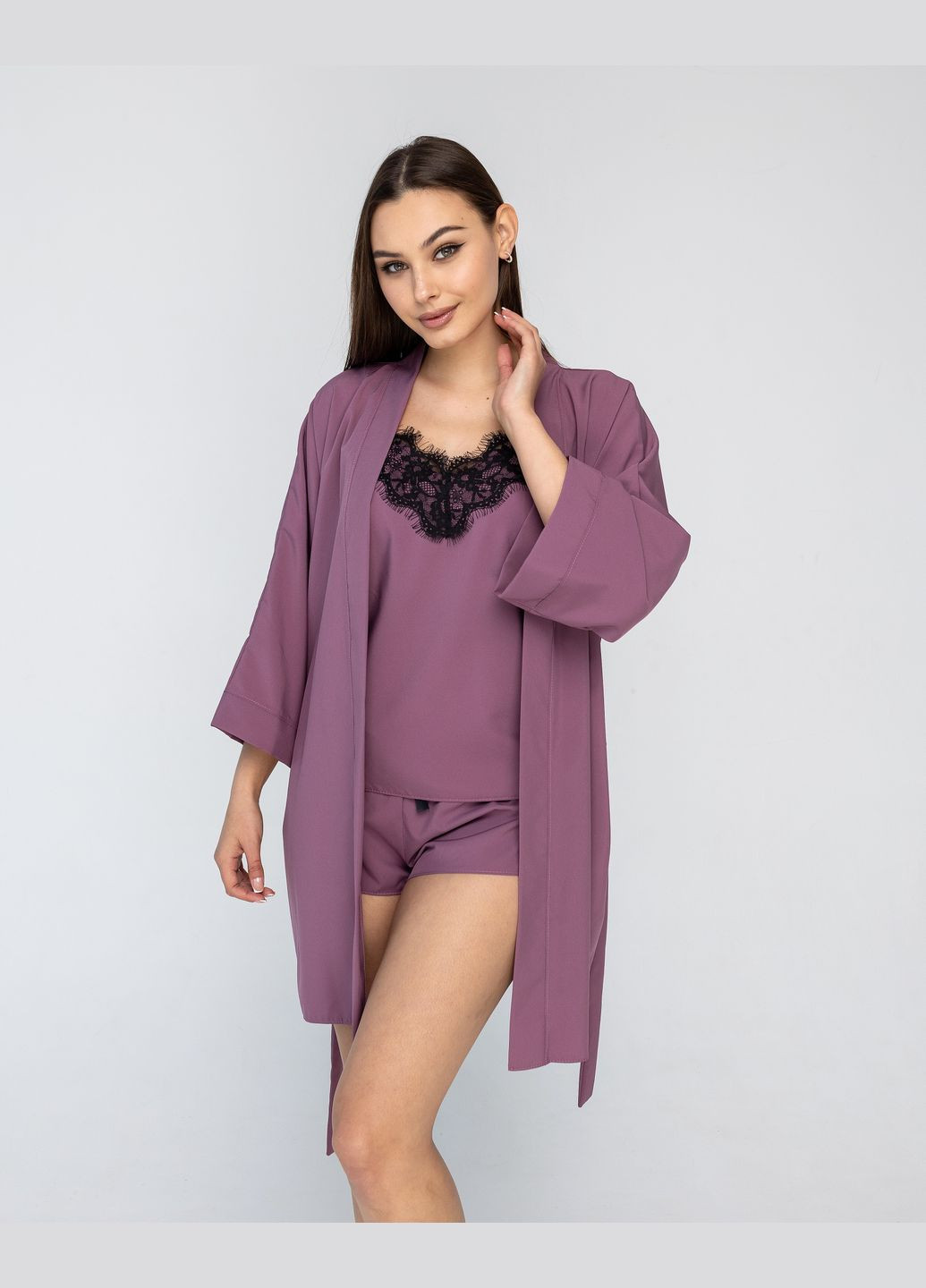 Темно-лиловая всесезон халат и пижама комплект для дома тройка Exclusive