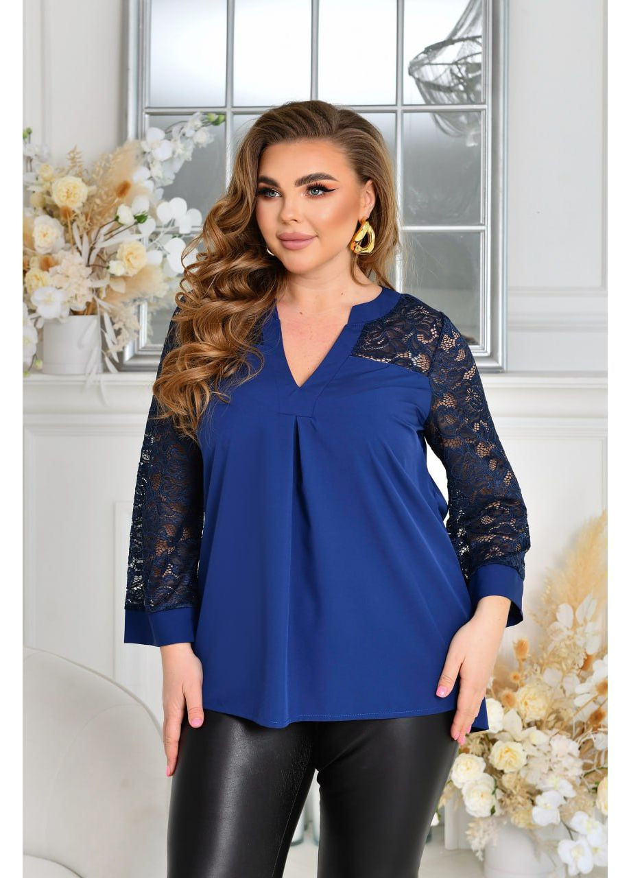 Темно-синя блуза софт+гіпюр,ботал,вкорочений рукав Україна