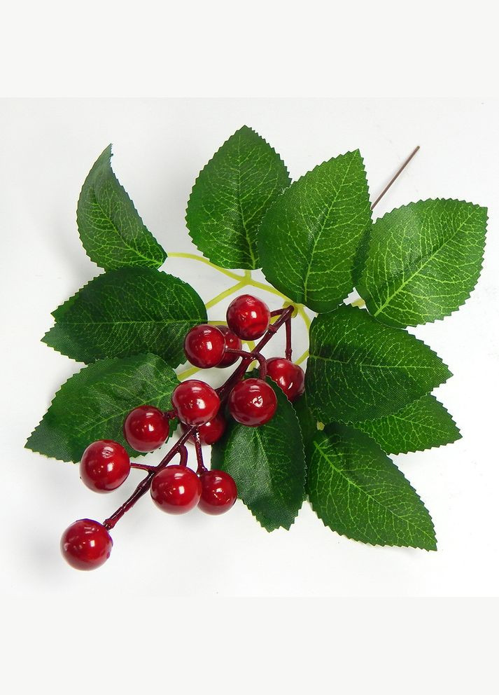 Веточка искусственных ягод с листьями, 20 см, темно-красная No Brand (341730587)