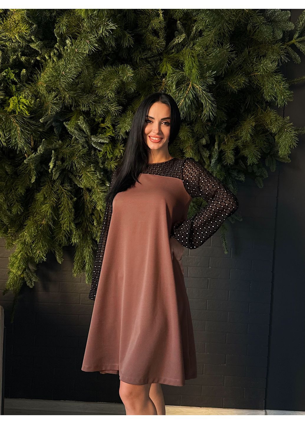 Коричневое женское свободное платье с рукавами из сетки, размер gf8019 No Brand