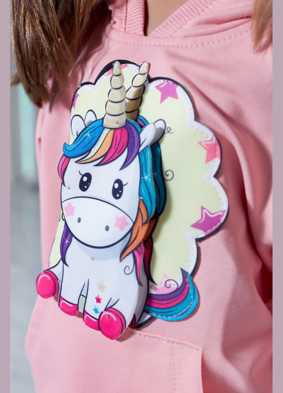 Пудровое розовое детское худи для девочки с капюшоном с карманом-кенгуру с манжетами с рисунком единорога No Brand (315334009)