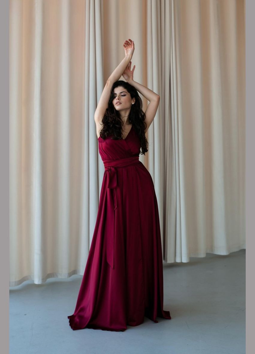 Бордовое вечернее платье а-силуэт, на запах JadFashion однотонное