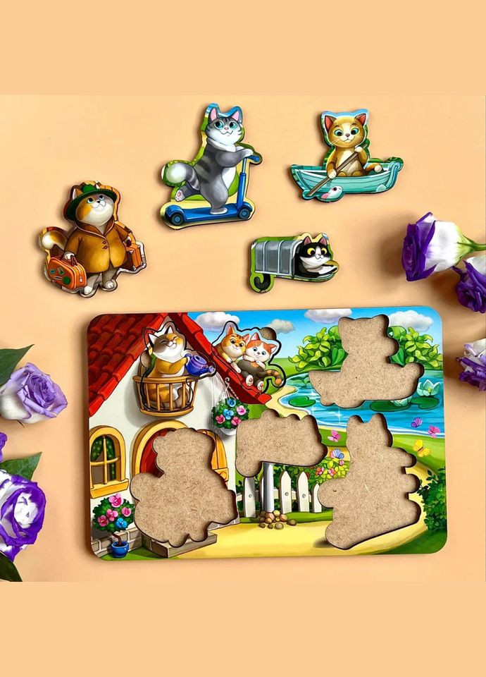 Дерев'яний пазл-вкладиш "Котики - 1" (ПСД140) PSD140 з будиночком Ubumblebees (304409577)