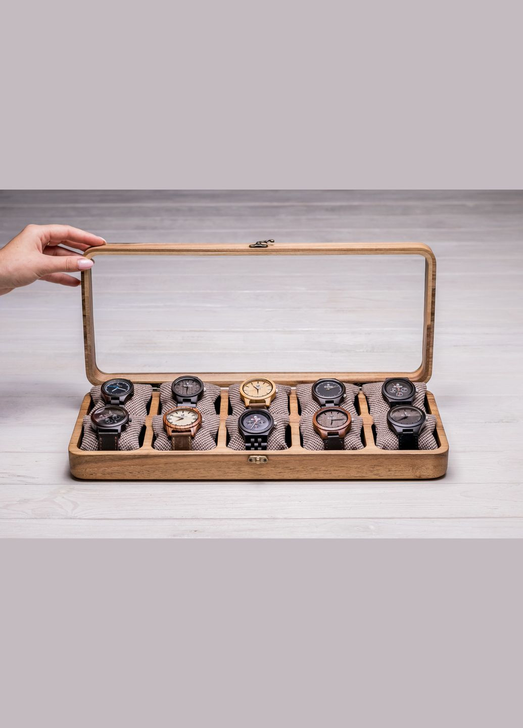 Цільна скринька для десяти годинників зі скляною кришкою EcoWalnut (295443831)