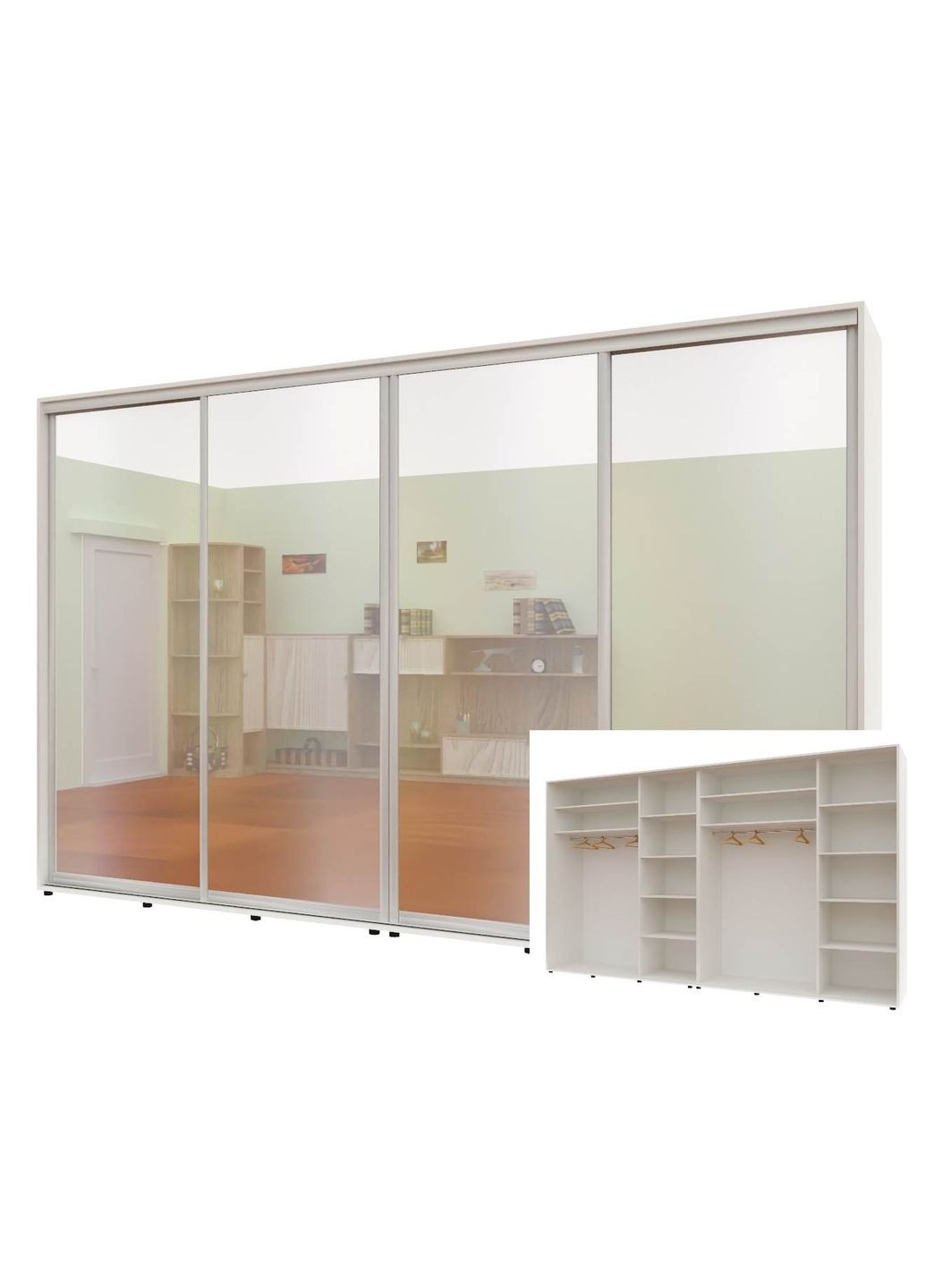 Шафа-купе чотиридверна 360*60*210 см Білий 4 двері Дзеркало Стандарт Комфорт Меблі (360461249)