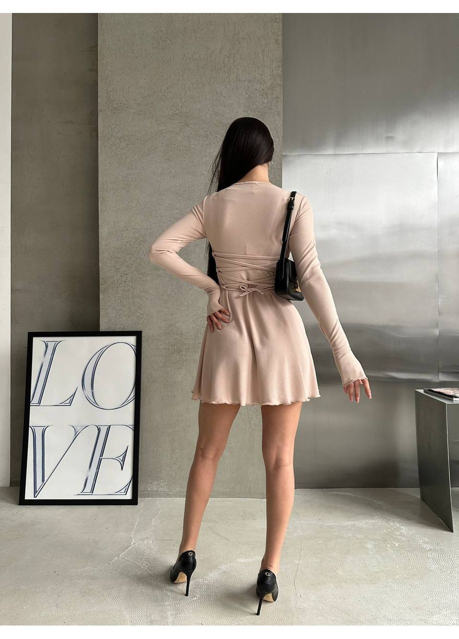 Светло-бежевое повседневный женское мини платье со шнуровкой на спине Гермес однотонное