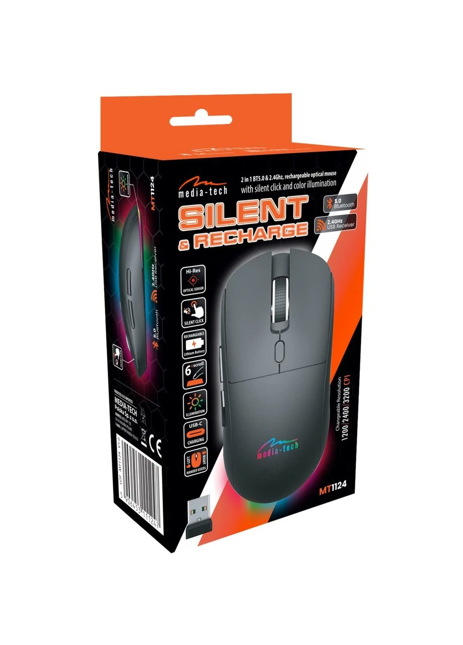 Мишка MT1124, бездротова Bluetooth+2.4G, 3200dpi., 5кн., Silent, чорна Media-Tech (390194183)