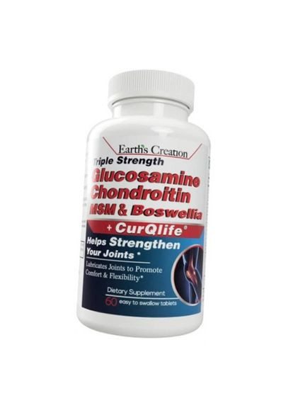 Глюкозамин Хондроитин МСМ с Экстрактом Босвеллии, Triple Strength Glucosamine Chondroitin MSM + CurQLife, 60таб (03604004) Earth's Creation (334890679)