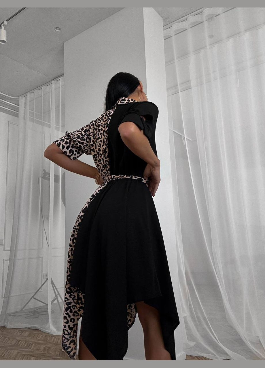 Чорна шикарна двокольорова сукня-сорочка з турецької стрейч-жатки, сукня в кольорі чорний+леопард для будь-якої пори року No Brand