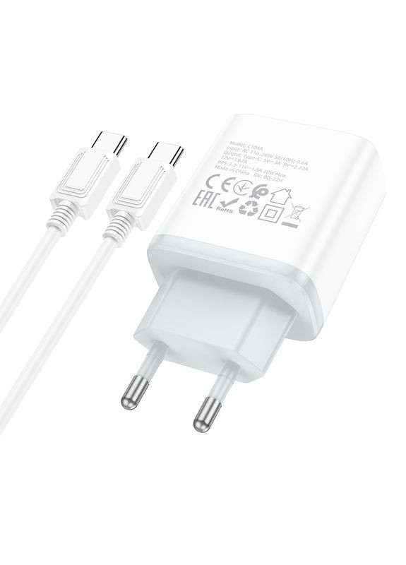 Мережевий Зарядний Пристрій C104A Stage single port PD20W Type-C to Type-C Бiлий Hoco (337993919)