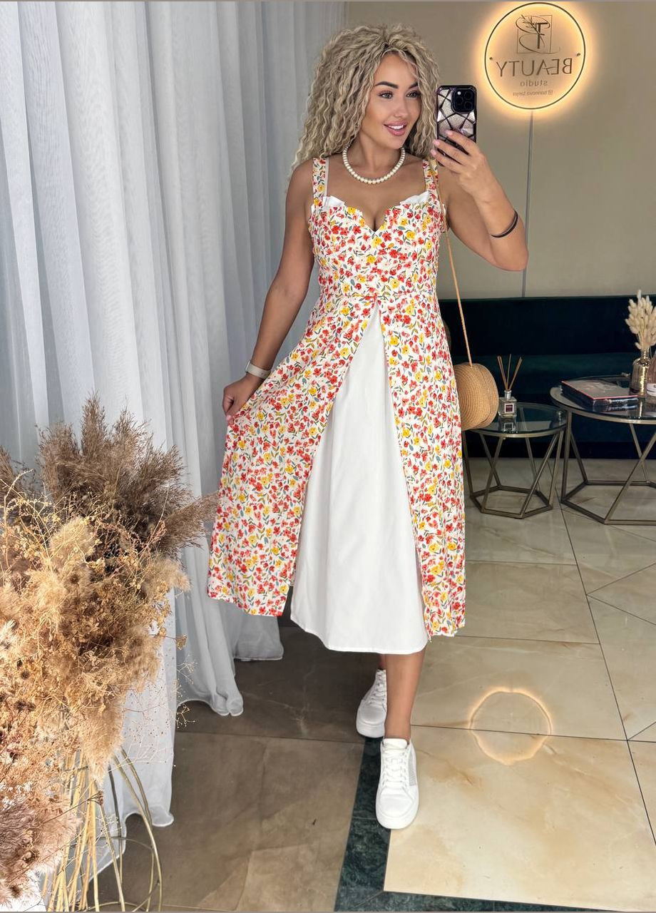 Білий святковий, повсякденний, пляжна, кежуал стильна літня сукня з білою вставкою Vakko з квітковим принтом