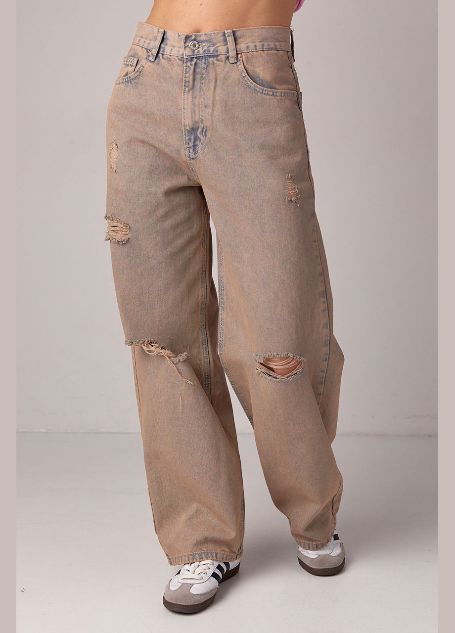 Кофейная демисезон джинсы baggy со рваными элементами - кофейный Lurex