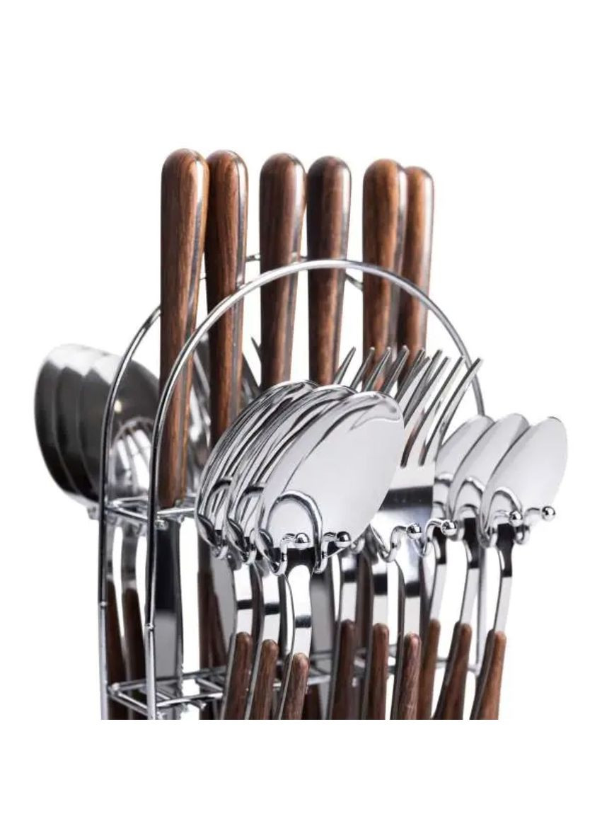 Набор столовых приборов на 6 персон с деревянными ручками на подставке столовые приборы 24 шт Серебро HP-20-1 (A-033698) Yiwu (352274595)