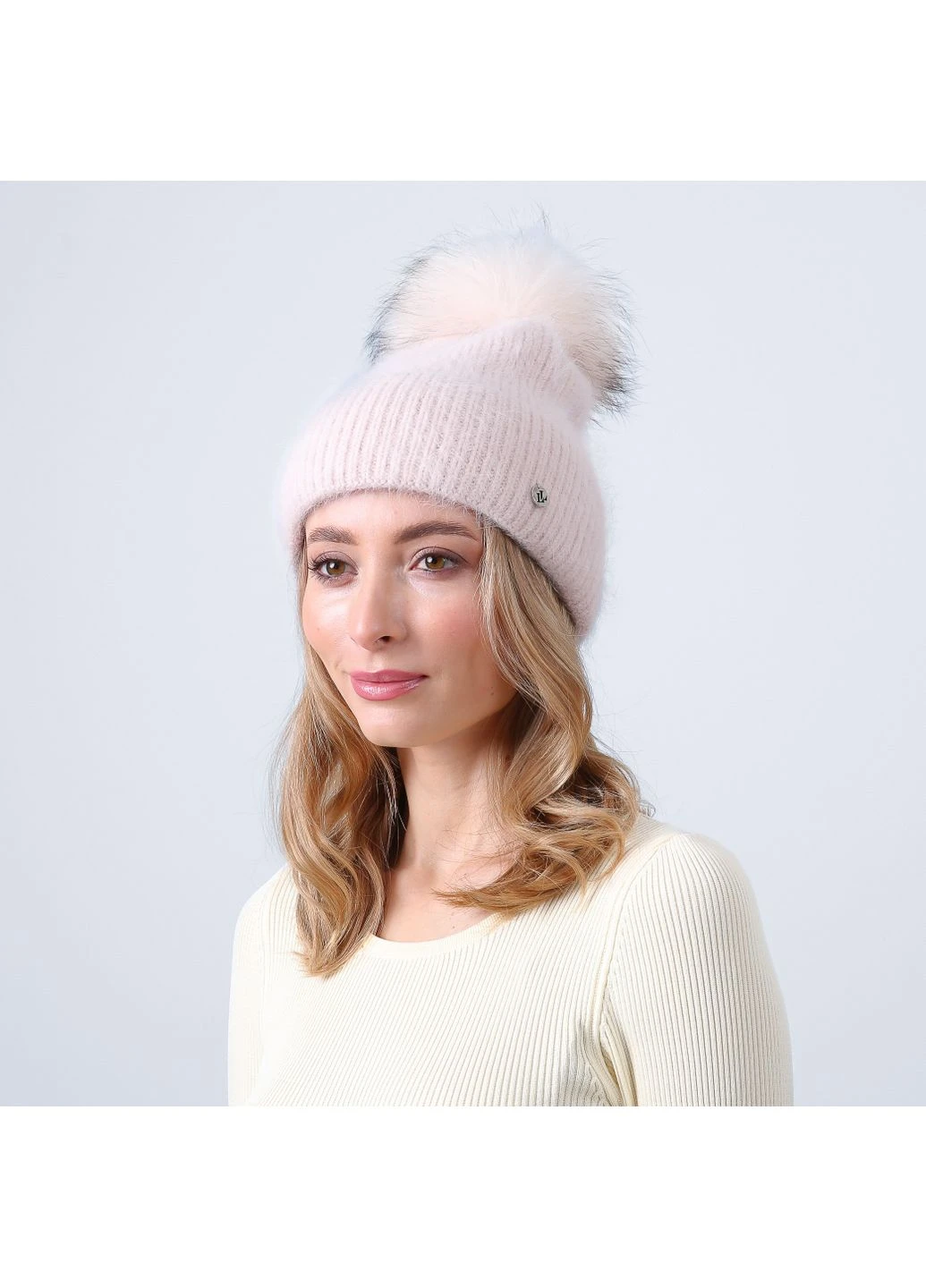 Шапка с помпоном женская ангора бежевая SILVIA LuckyLOOK 259-423 (376237928)