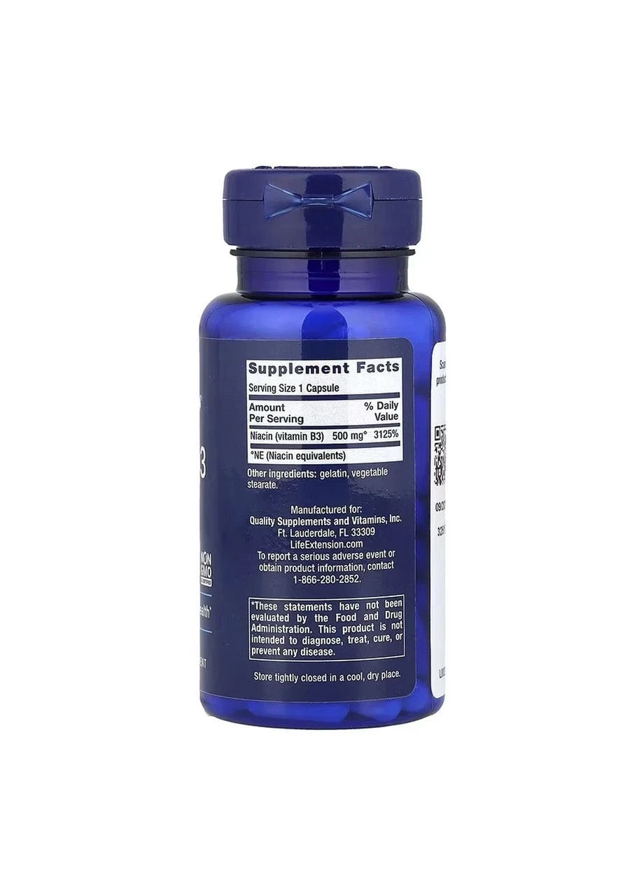 Витамин В3 ниацин Vitamin B3 Niacin 500 мг, 100 капсул Life Extension (361114647)