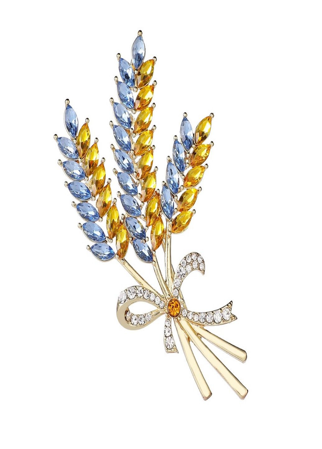 Золотиста патріотична потрійна брошка Колосся пшениці з кристалами символ України жовто блакитна Fashion Jewelry (292144539)