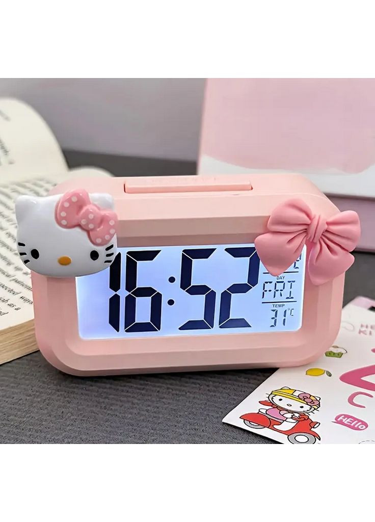 Настільний годинник-будильник з термометром та підсвіткою Hello Kitty ZL-2108 рожевий No Brand (357494872)
