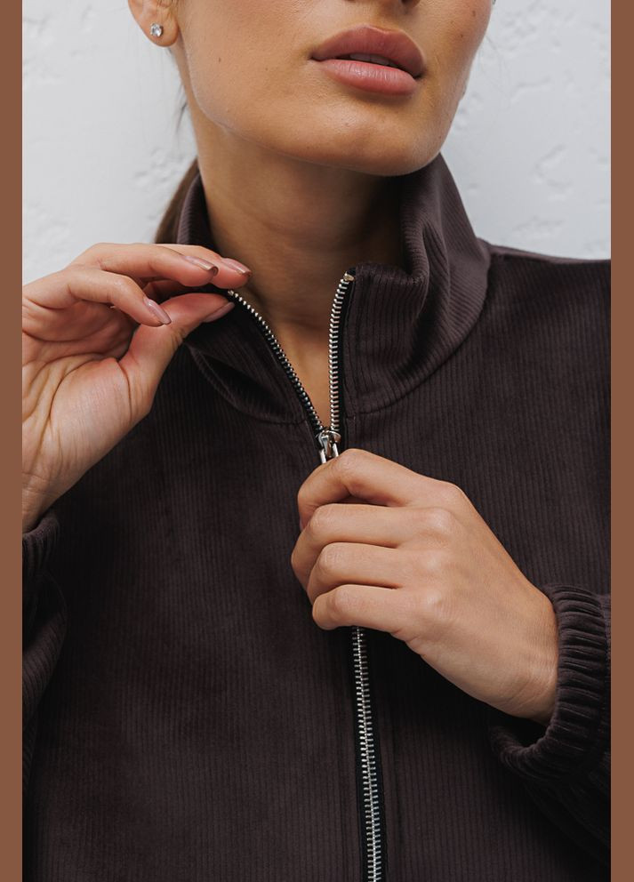 Женский велюровый свитшот шоколадный с воротником на молнии Arjen - крой коричневый велюр - (289787325)