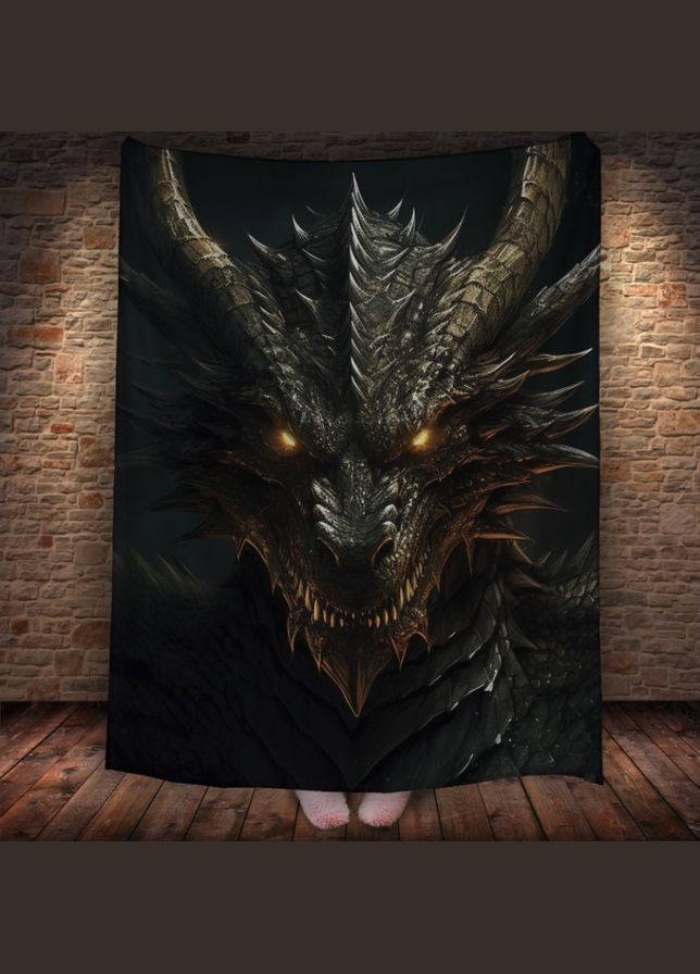 Плед з 3D принтом Реальні великі дракони. Чорний великий дракон перед боем _2 Перша Креативна мануфактура PERFECTUS Плед (301868649)