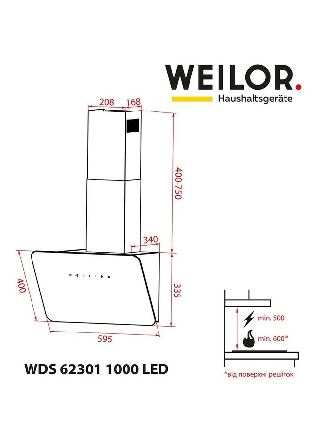 Кухонна витяжка WDS 62301 R BL 1000 LED WEILOR (396960082)