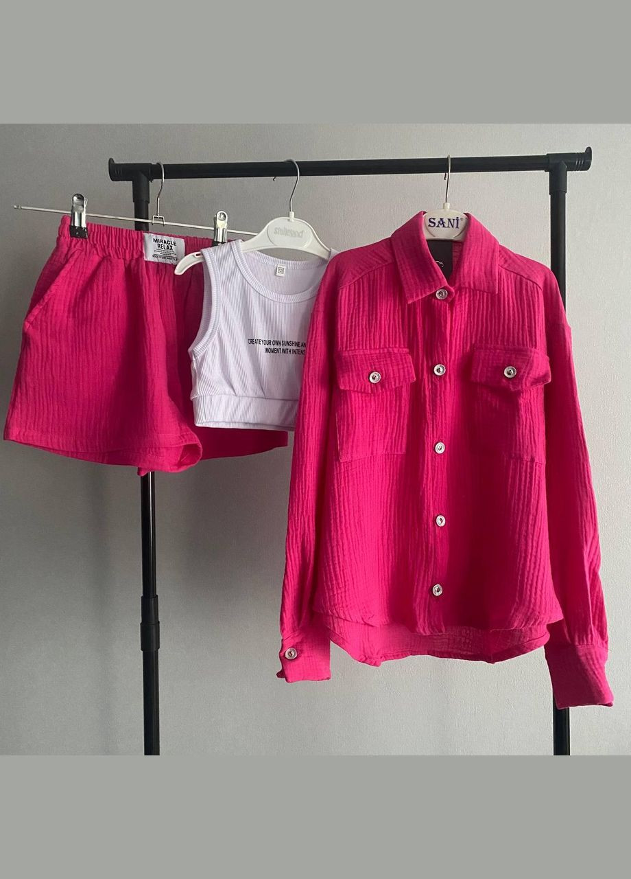 Рожевий літній костюм муслін малина 3-ка трійка, з шортами IRmAS