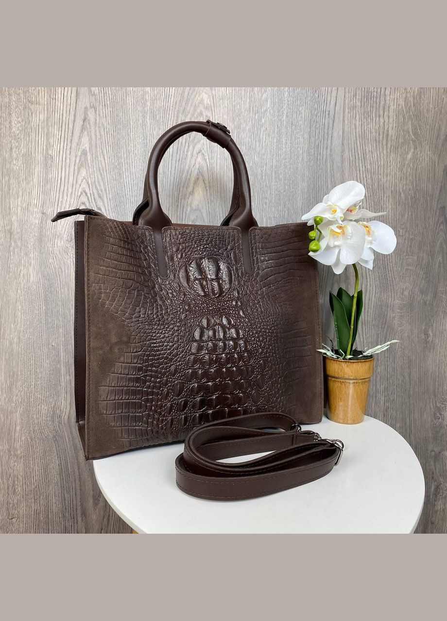 Жіноча сумка замшева через плече з ручками зміїний принт коричнева (sku_817КН) No Brand (330575665)