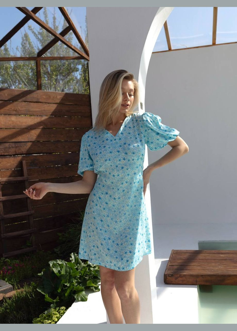 Голубое коктейльное, деловое, повседневный, кэжуал, вечернее женское платье Україна с цветочным принтом