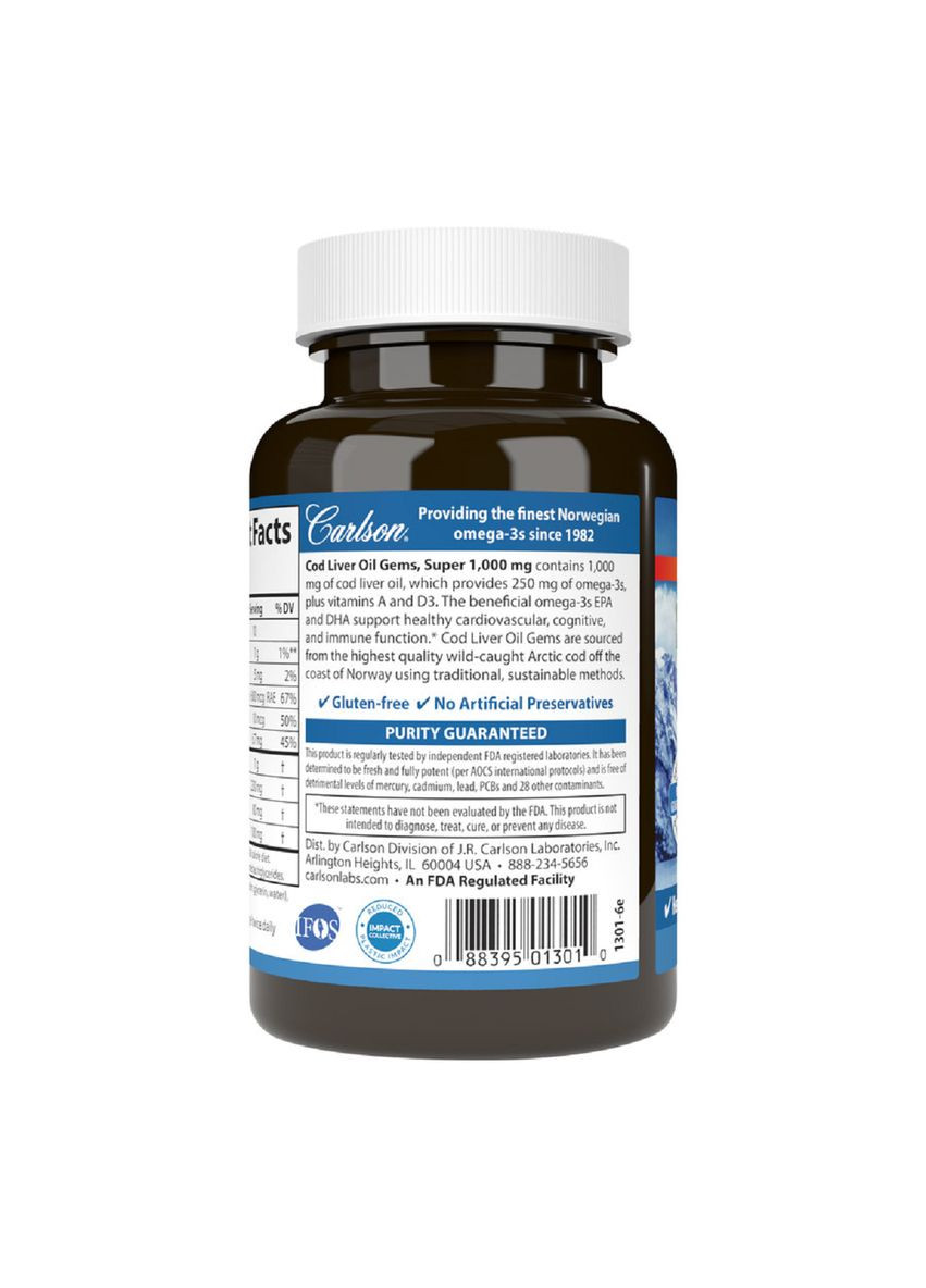 Жир из печени Норвежской Трески, 1000 мг, Cod Liver Oil,, 100 гелевых капсул Carlson Labs (322741208)