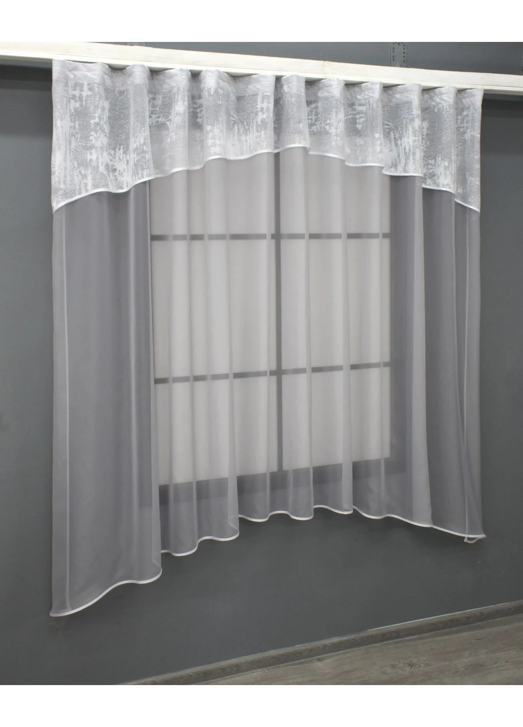 Кухонна гардина № 036к арка світло-сірий з білим 280х170 см (59-076) VR-Textil (315346694)
