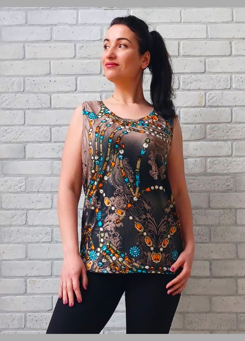 Жіноча літня футболка без рукава, майка на широких бретелях, абстракція бежева смарагд No Brand - (335053150)