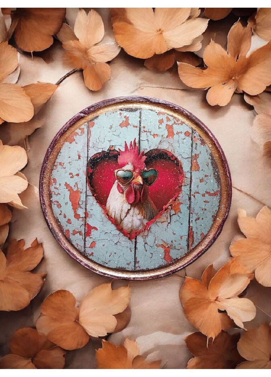 Обробна дошка кругла 20 см з бука, декупаж, півень в окулярах Handmade (362135513)