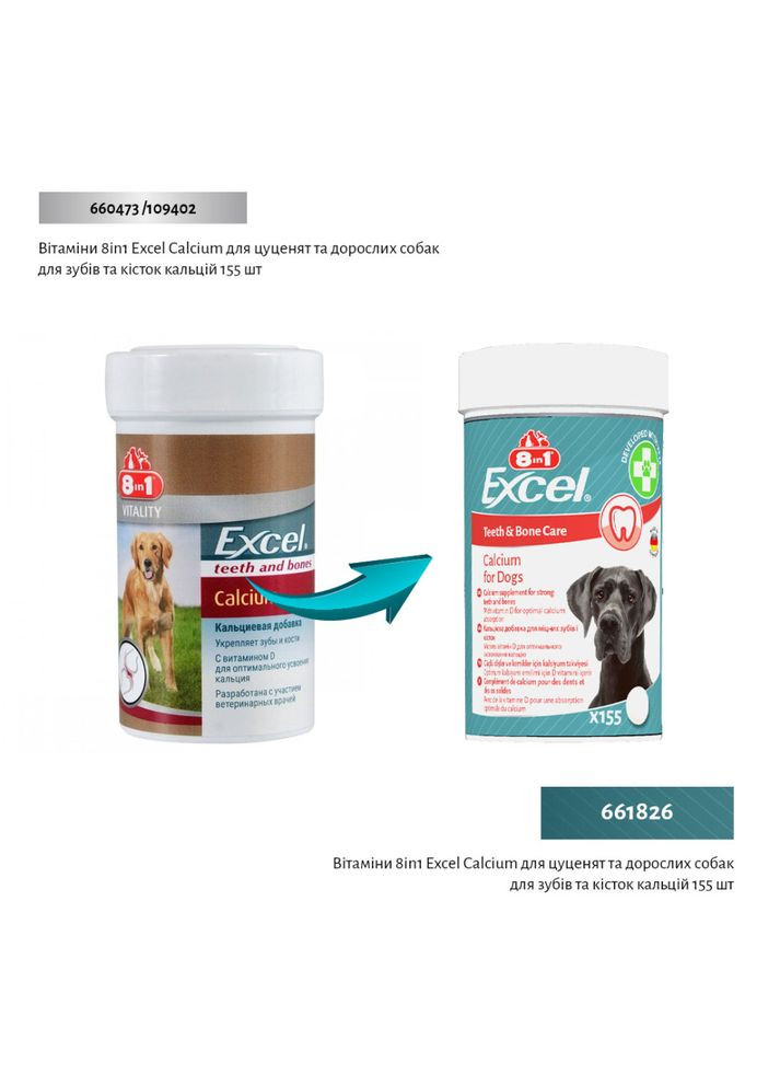 Вітаміни Excel Calcium для цуценят та дорослих собак для зубів та кісток кальцій 155 шт 8in1 (355254827)