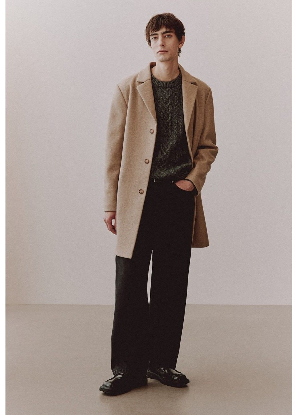 Бежеве демісезонне Чоловіче однобортне пальто з вовняної суміші Н&М (58618) М Бежеве H&M