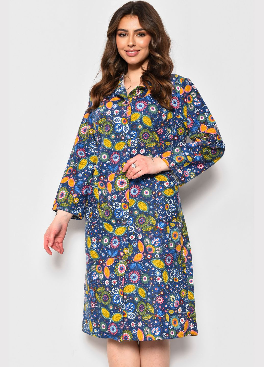Халат жіночий байковий напівбатальний темно-синього кольору з квітковим принтом Let's Shop (279724062)