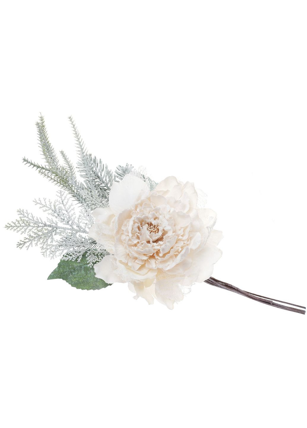 Декоративный искусственный цветок Пион с зимним декором, 35см, цвет - кремовый No Brand (315069985)