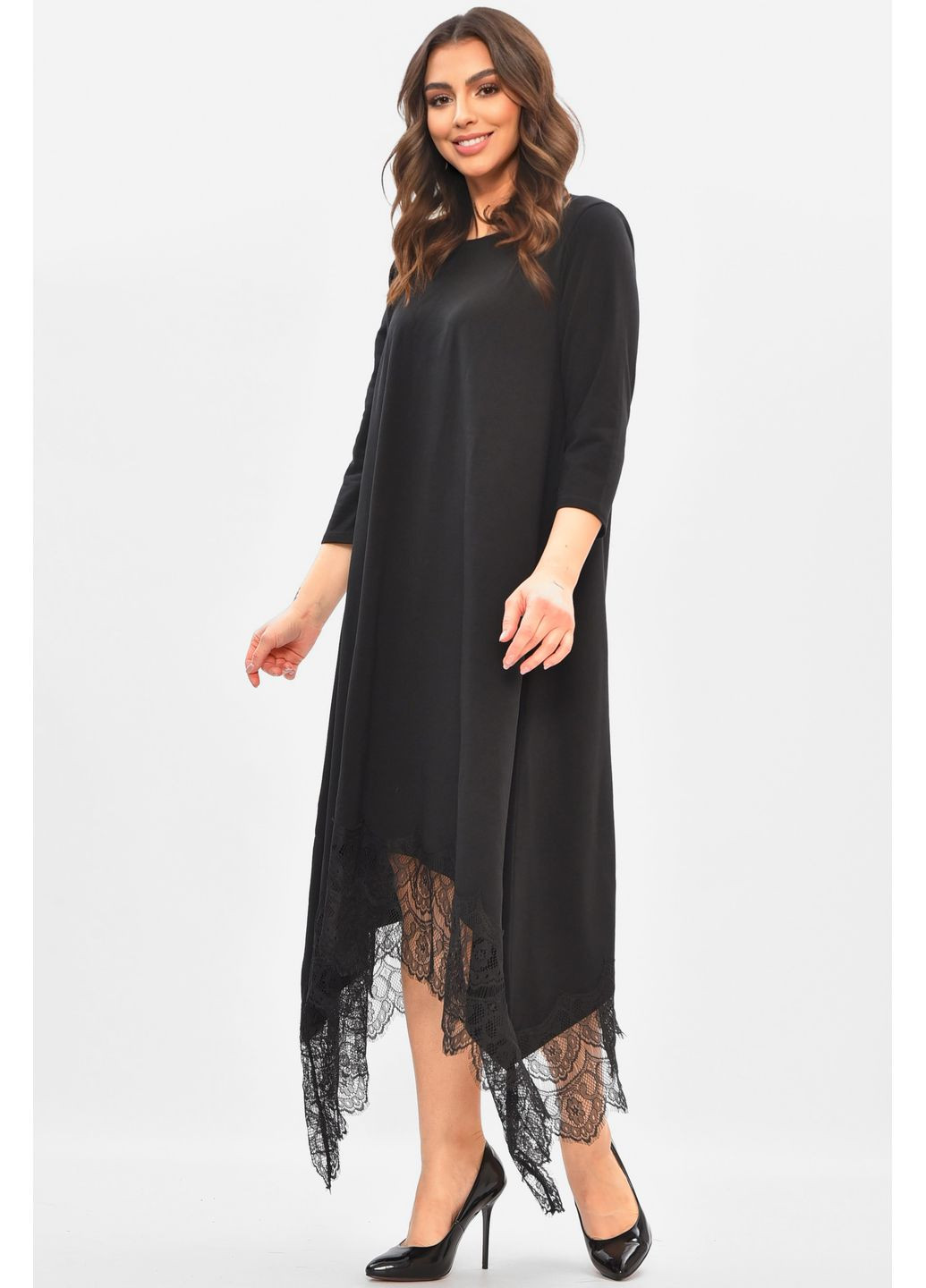 Чорна повсякденний сукня жіноча однотонна чорного кольору з баскою Let's Shop однотонна