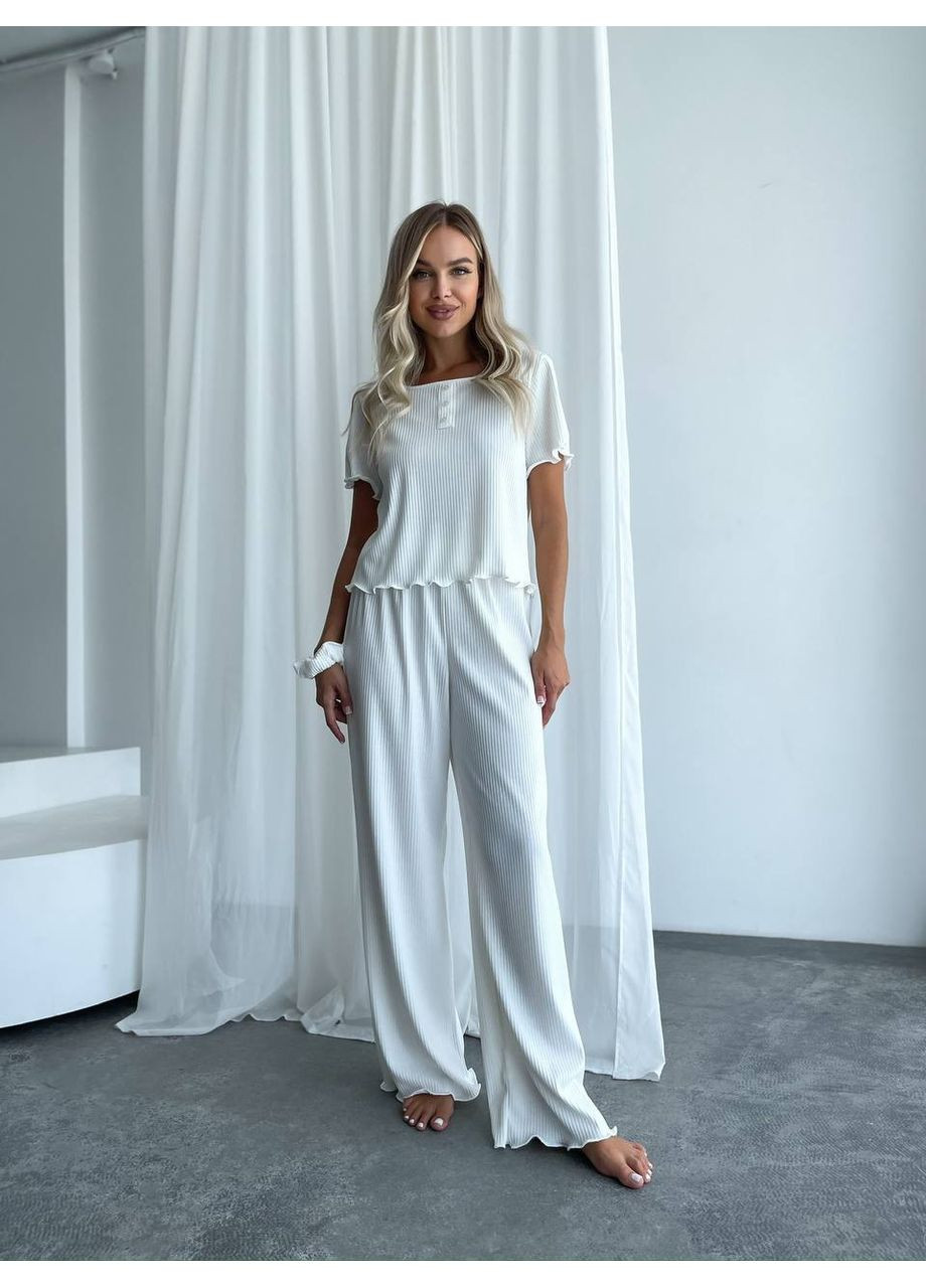 Молочная всесезон женский домашний комплект тройка (топ+резинка+штаны) Fashion