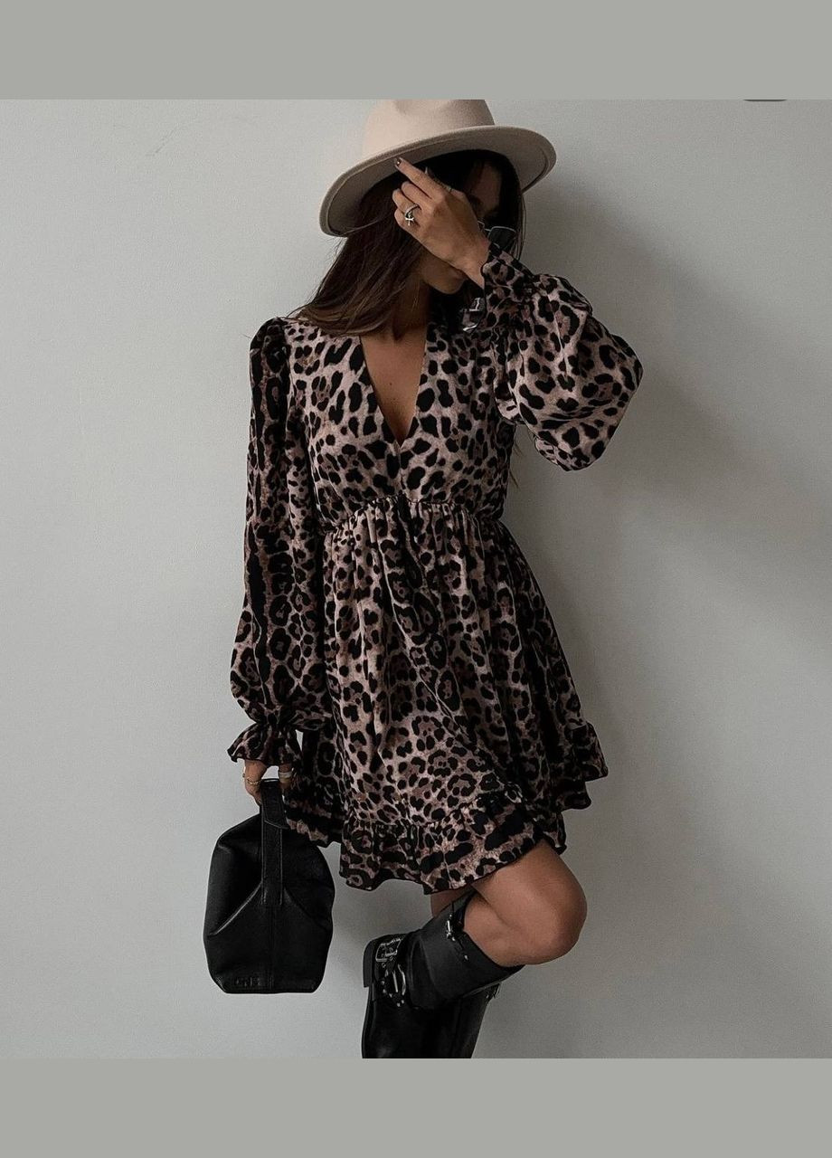 Темно-бежева вишукана леопардова сукня з воланами із софту в розмірі 42-46, приваблива сукня для вечірньої прогулянки one size No Brand