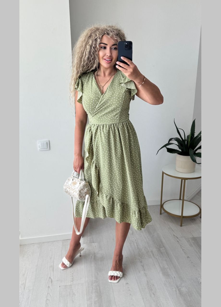 Оливкова повсякденний, кежуал сукня жіноча на запах на запах Україна в горошок