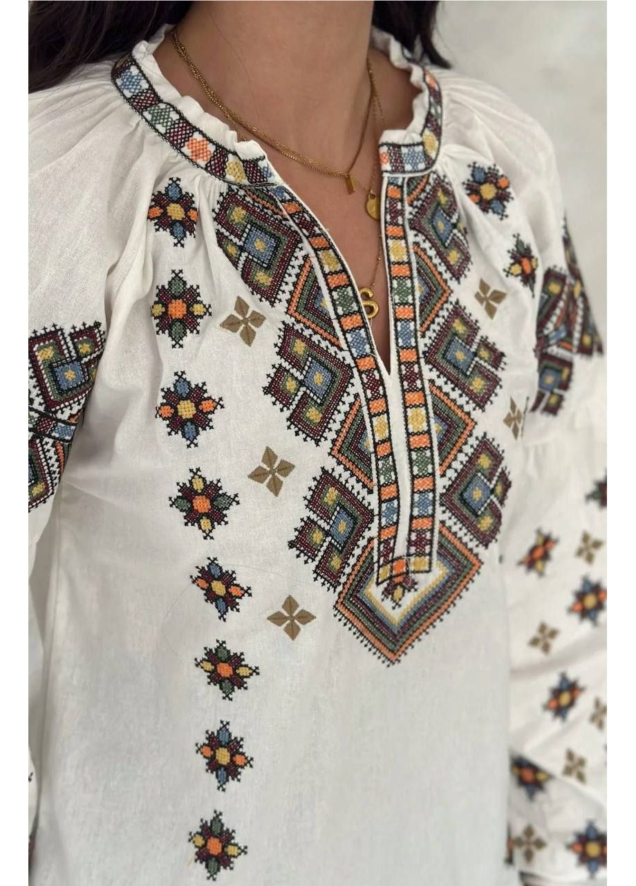 Молочная колоритная черная блуза вышиванка с геометрическим орнаментом, женская рубашка с вышивкой, этно вышитая рубашка. узор геометрический прямой, свободная хлопок, полиэстер (352189084)