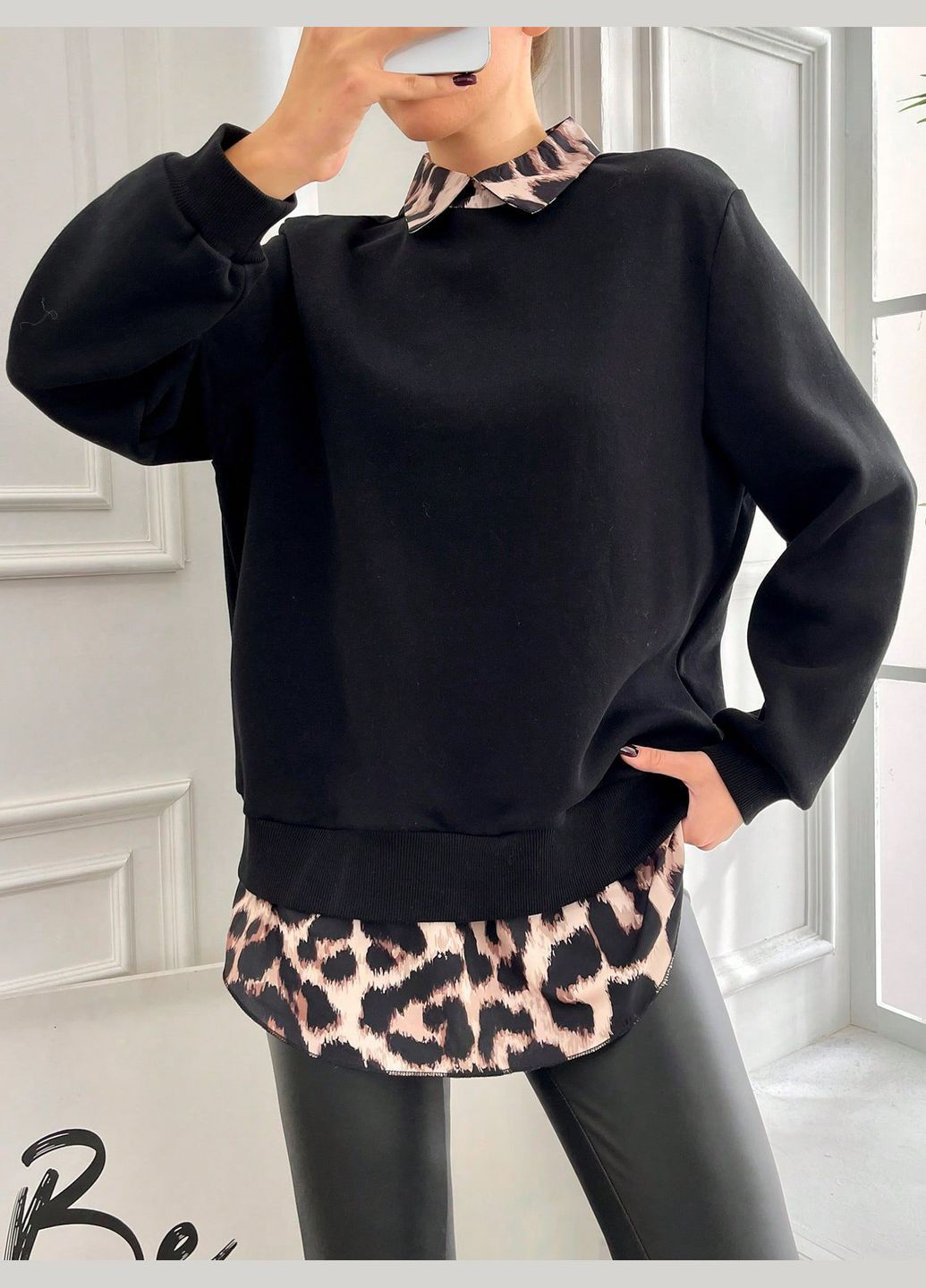 Черный свитшот SHEIN леопардовый (346556174)