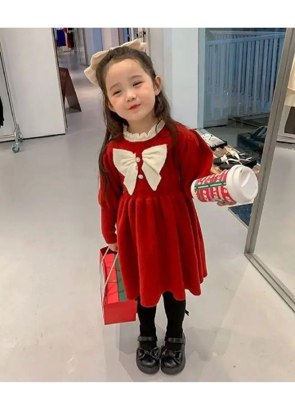 Красное теплое нарядное праздничное повседневное вязанное эластичное красное платье с бантиком для детей девочек (481833-prob) размер 90 Unbranded (366869175)