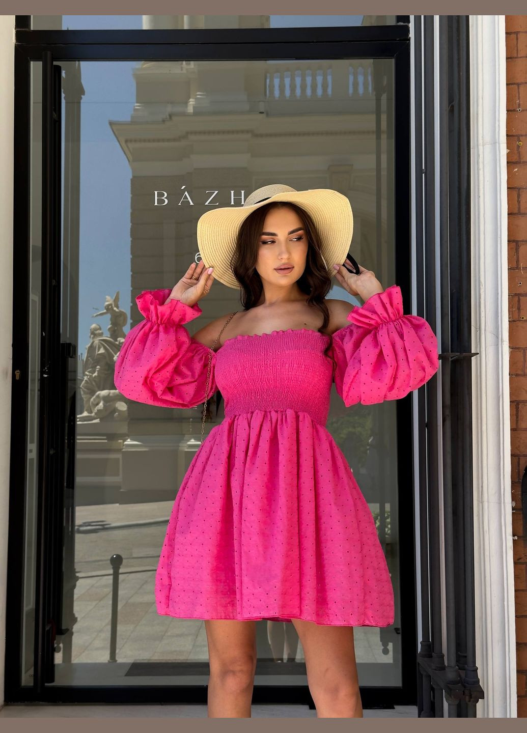 Малинова кежуал вишукана літня сукня з довгим рукавом з відкритими плечима Adelante однотонна