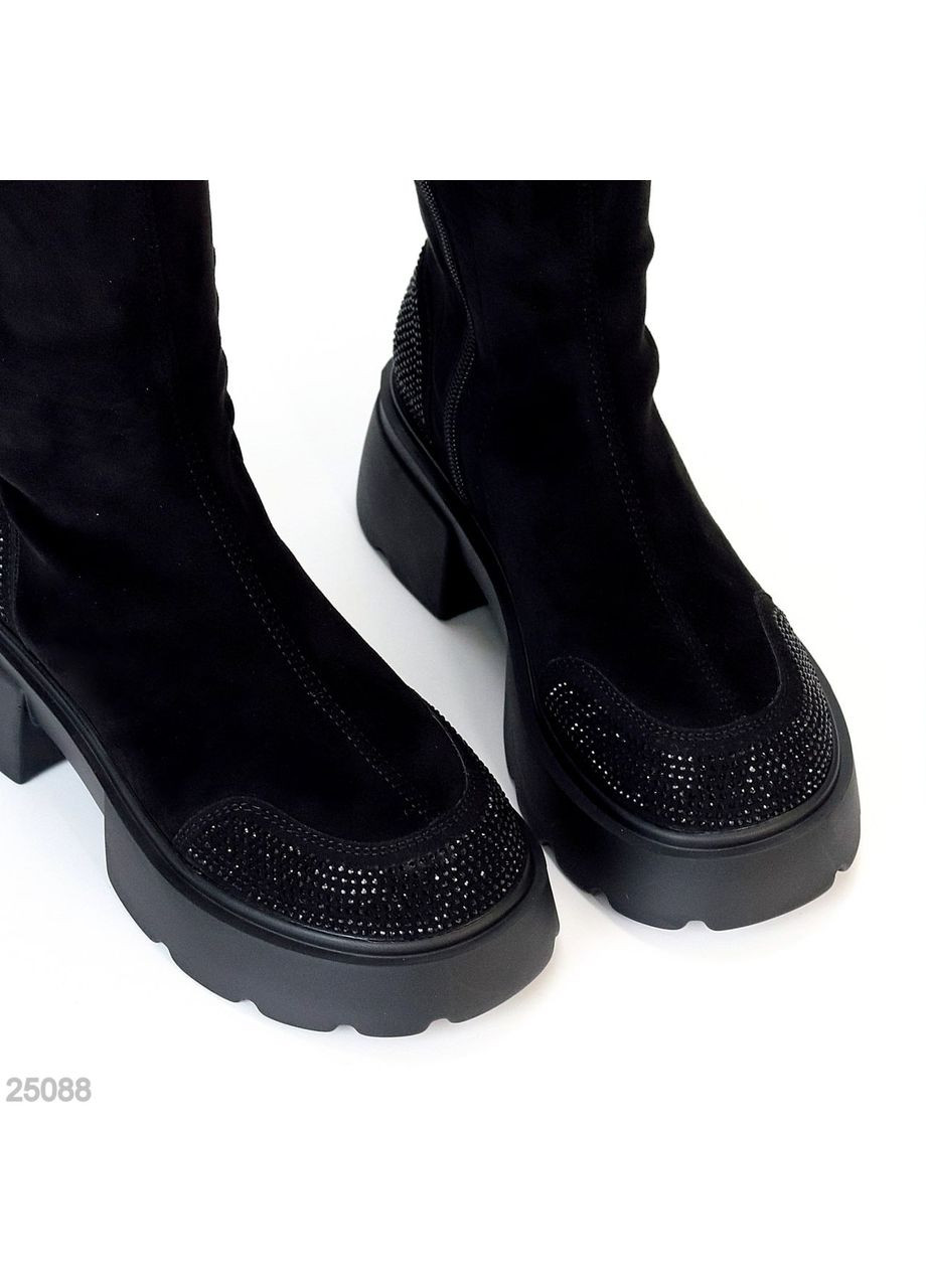 Жіночі ботфорти Linda з еко-замші стрейч, декоровані стразами, на товстій підошві No Brand (352009371)