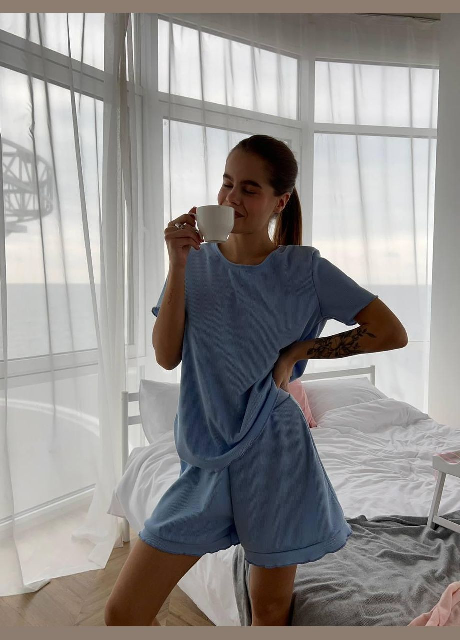 Голубая всесезон пижама женская комплект шорты футболка резинка для волос футболка + шорты JUGO m523
