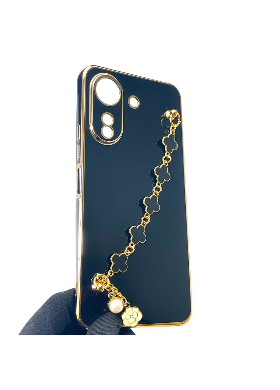 Чохол для телефона POCO C65 жіночій із ремінцем з прикрасами та золотою окантовкою на сяомі поко с65 чорний gs1 Xiaomi (366235552)