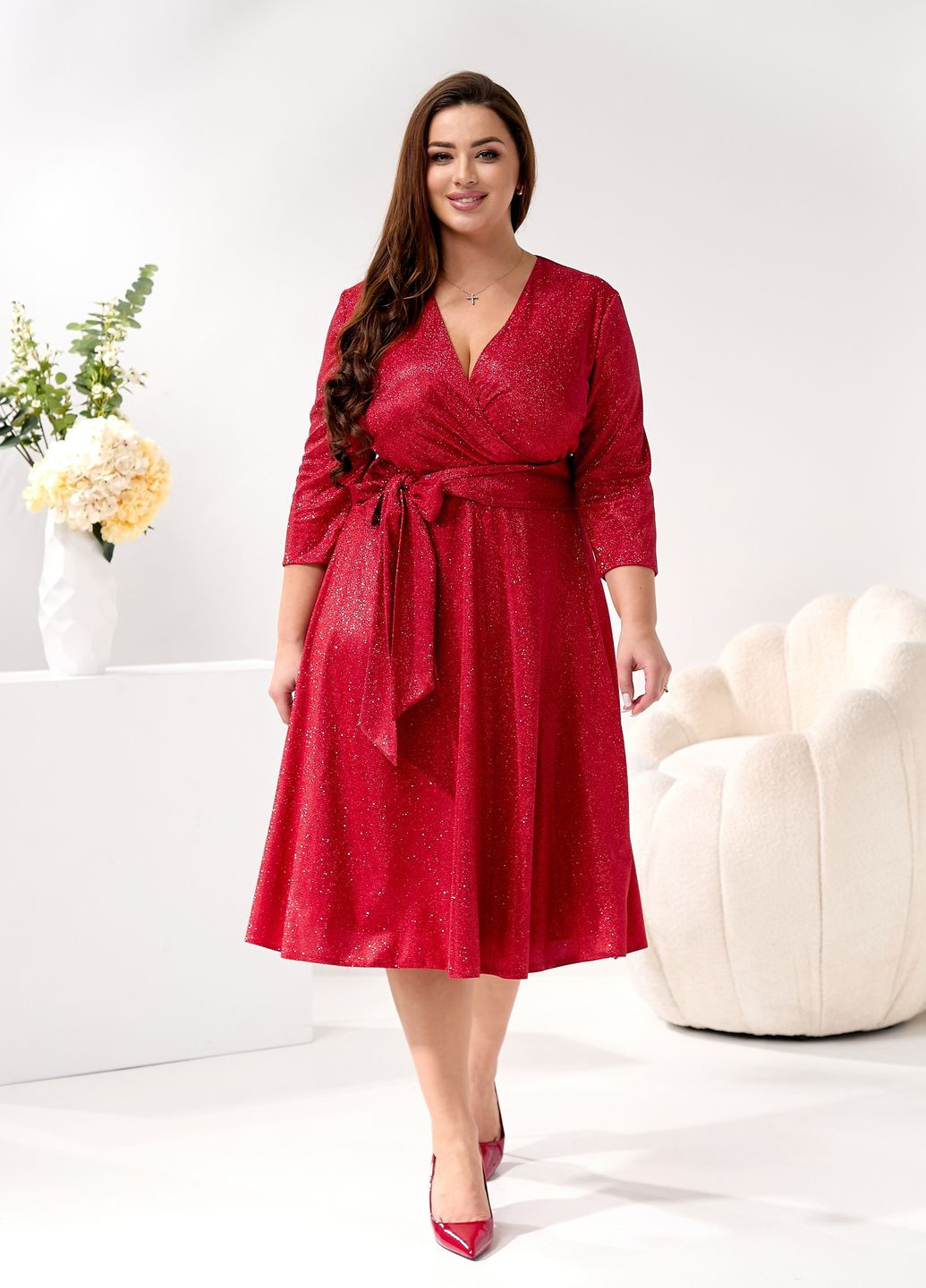 Червона святковий, коктейльна, вечірня вечірня сукня міді з гліттером та поясом дзвін, кльош No Brand однотонна