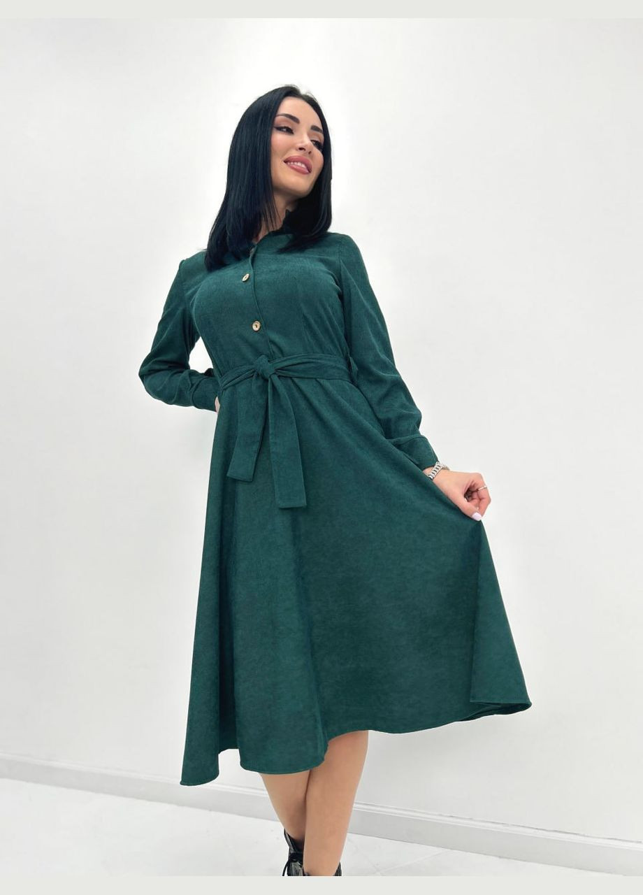 Темно-зеленое кэжуал вельветовое платье меди Fashion Girl однотонное